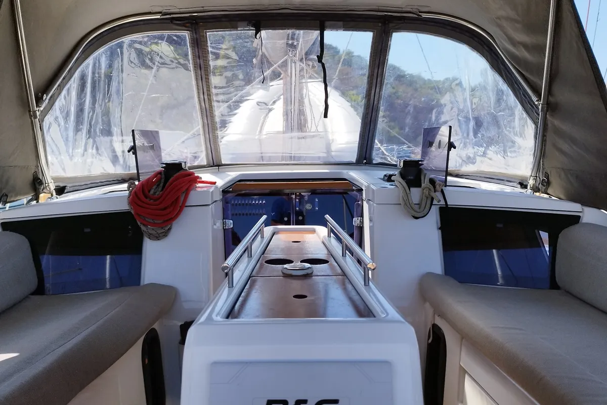 Cockpit of Else, a Dufour 360 GL sailboat at Olbia, Italy