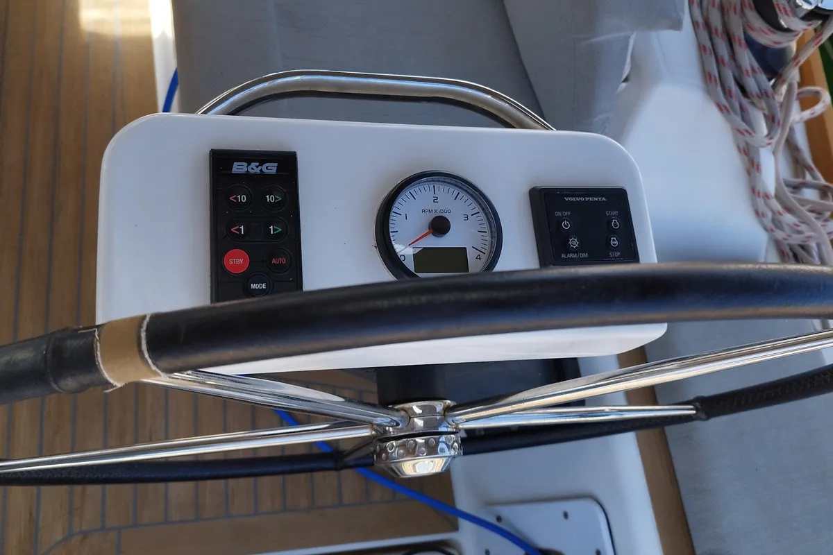 Cockpit of Else, a Dufour 360 GL sailboat at Olbia, Italy