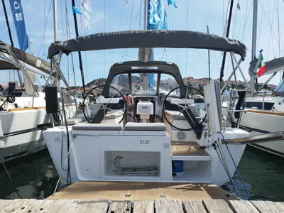 Cockpit of Else, a Dufour 360 GL sailboat at Olbia, Italy