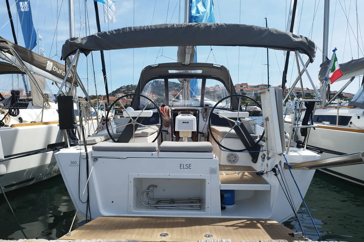Cockpit of Else, a Dufour 360 GL sailboat at Olbia, Italy