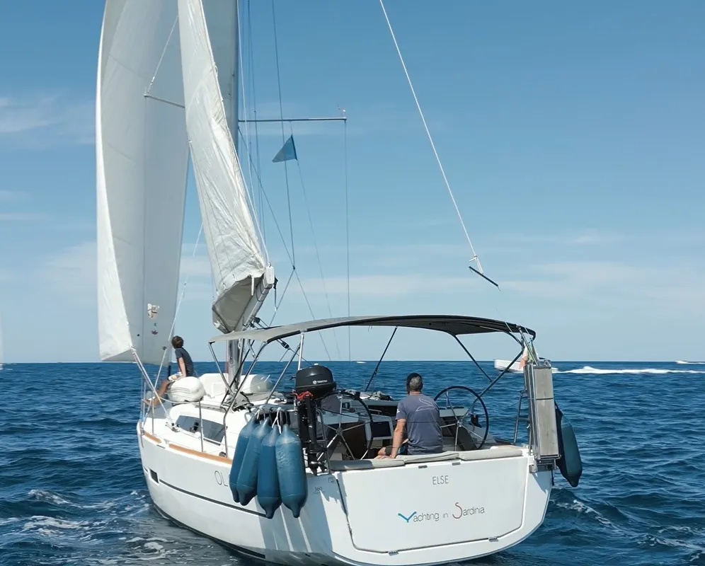 Exterior view of Else, a Dufour 360 GL sailboat at Olbia, Italy