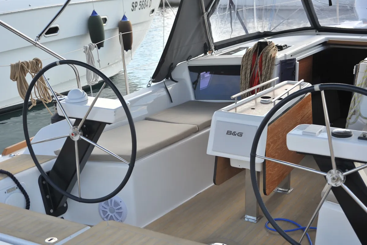 Cockpit of Else, a Dufour 360 GL sailboat at Olbia, Italy