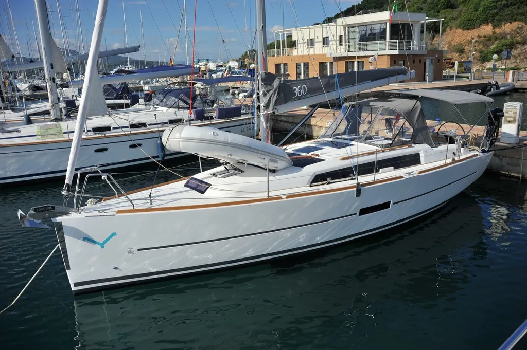 Exterior view of Else, a Dufour 360 GL sailboat at Olbia, Italy