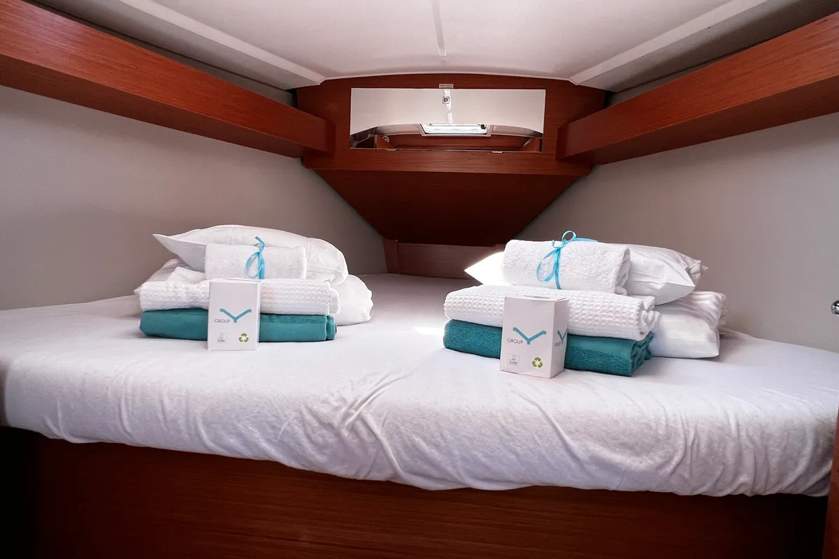 Cabin on Else, a Dufour 360 GL sailboat at Olbia, Italy