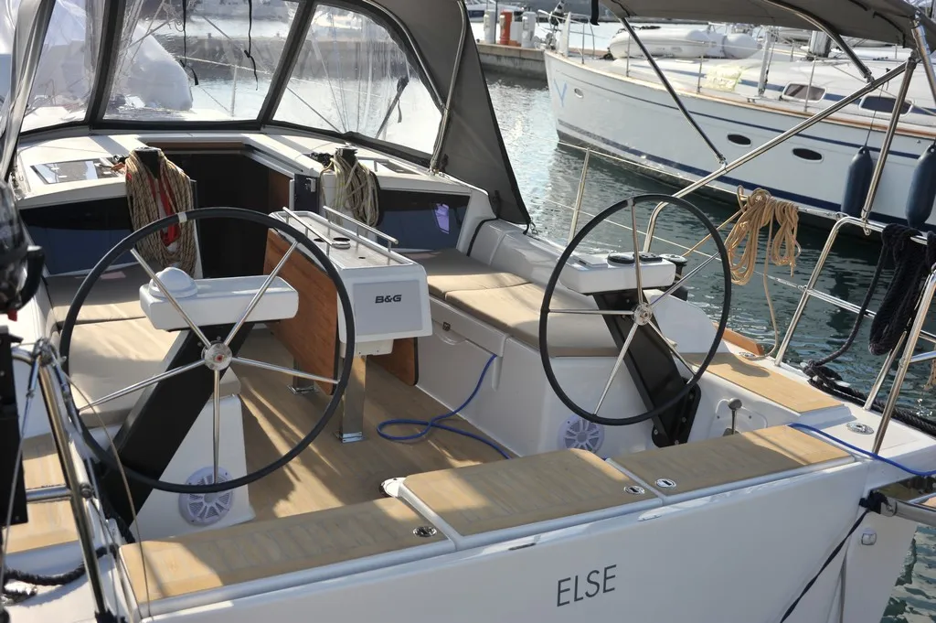 Cockpit of Else, a Dufour 360 GL sailboat at Olbia, Italy