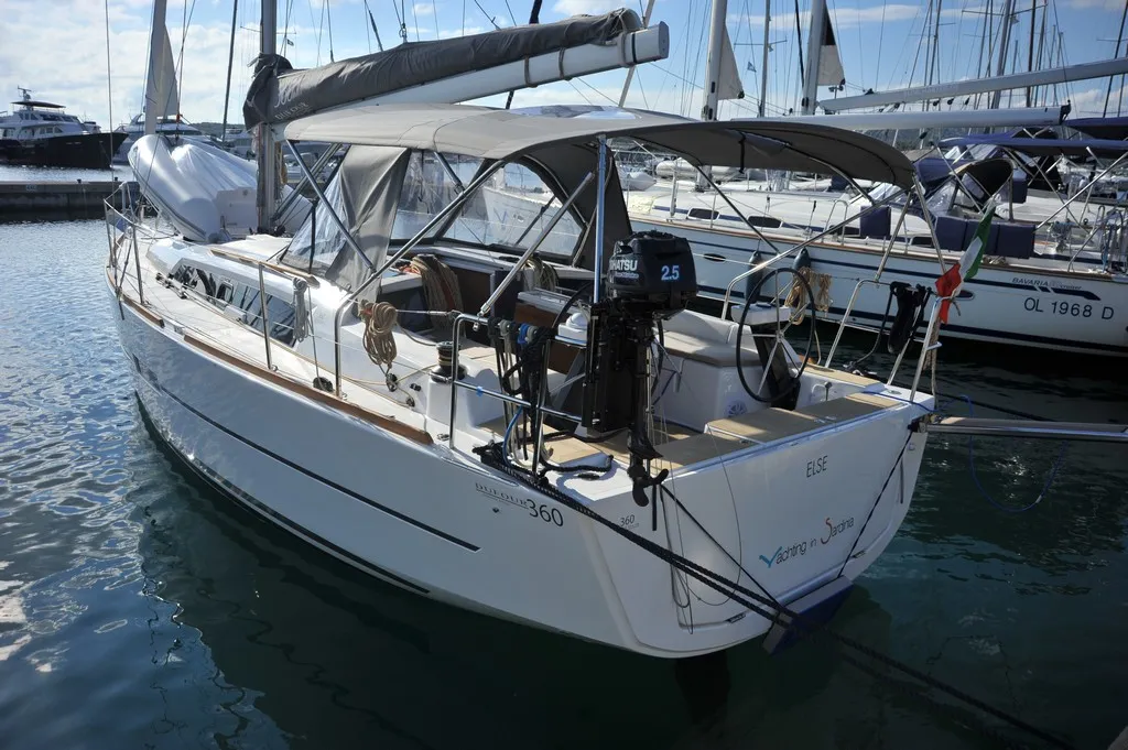 Exterior view of Else, a Dufour 360 GL sailboat at Olbia, Italy