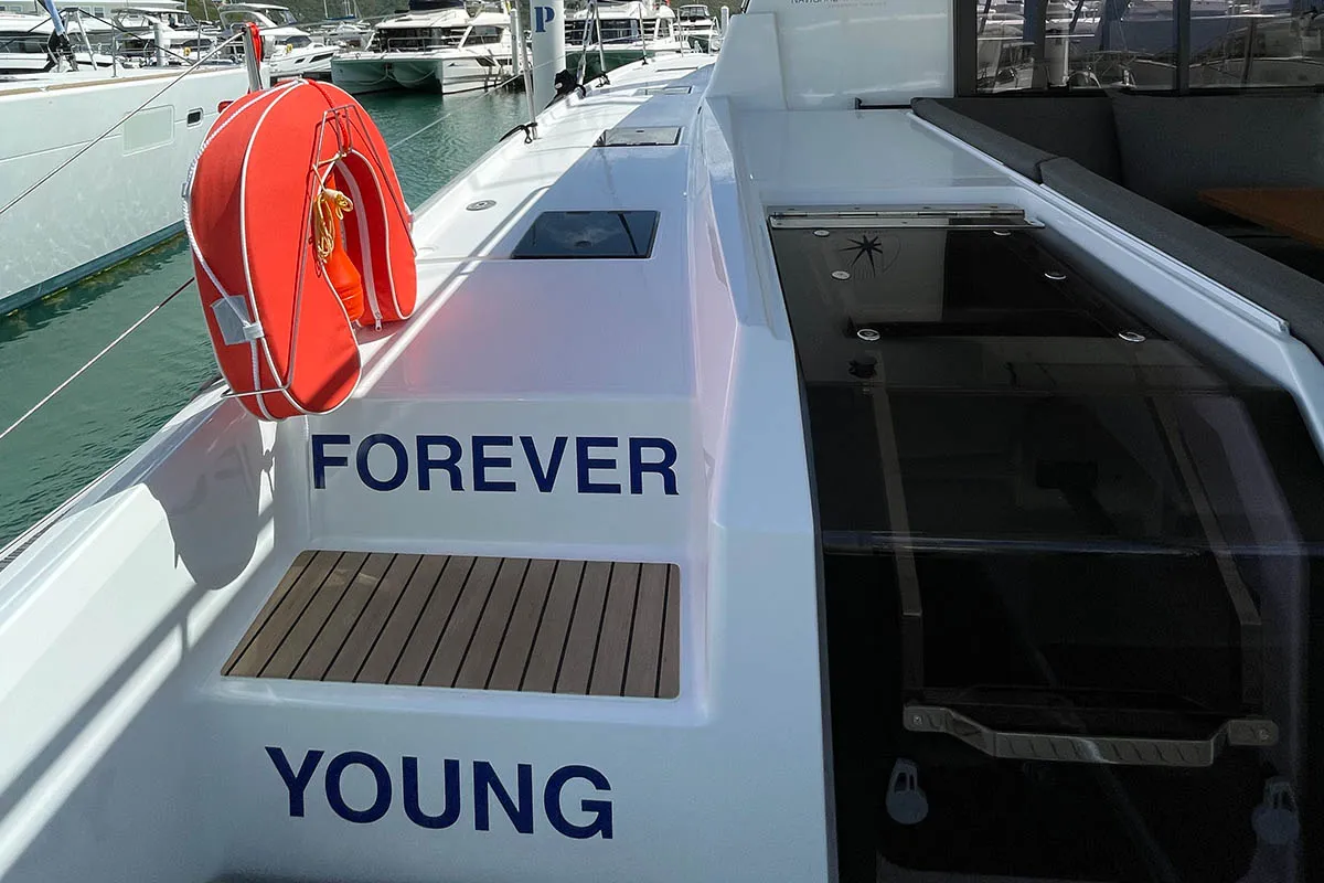 Exterior view of Knotty Cat (Forever Young), a Fountaine Pajot Tanna 47 catamaran at Road Town, British Virgin Islands