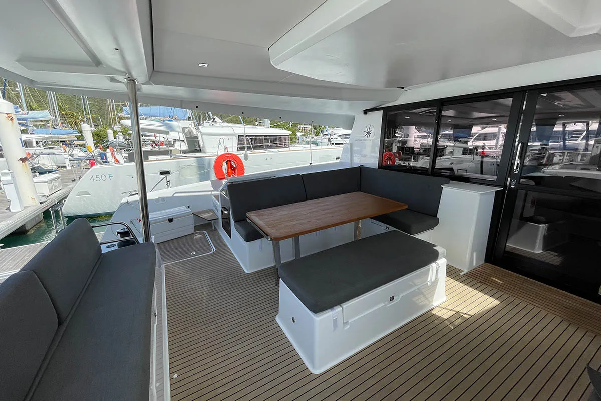 Deck of Knotty Cat (Forever Young), a Fountaine Pajot Tanna 47 catamaran at Road Town, British Virgin Islands