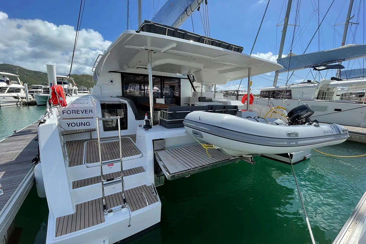 Exterior view of Knotty Cat (Forever Young), a Fountaine Pajot Tanna 47 catamaran at Road Town, British Virgin Islands