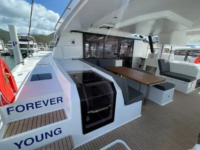 Deck of Knotty Cat (Forever Young), a Fountaine Pajot Tanna 47 catamaran at Road Town, British Virgin Islands