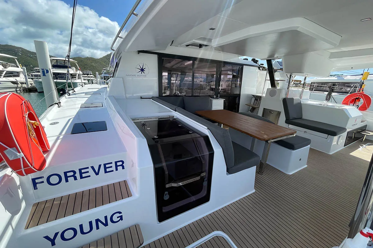 Deck of Knotty Cat (Forever Young), a Fountaine Pajot Tanna 47 catamaran at Road Town, British Virgin Islands
