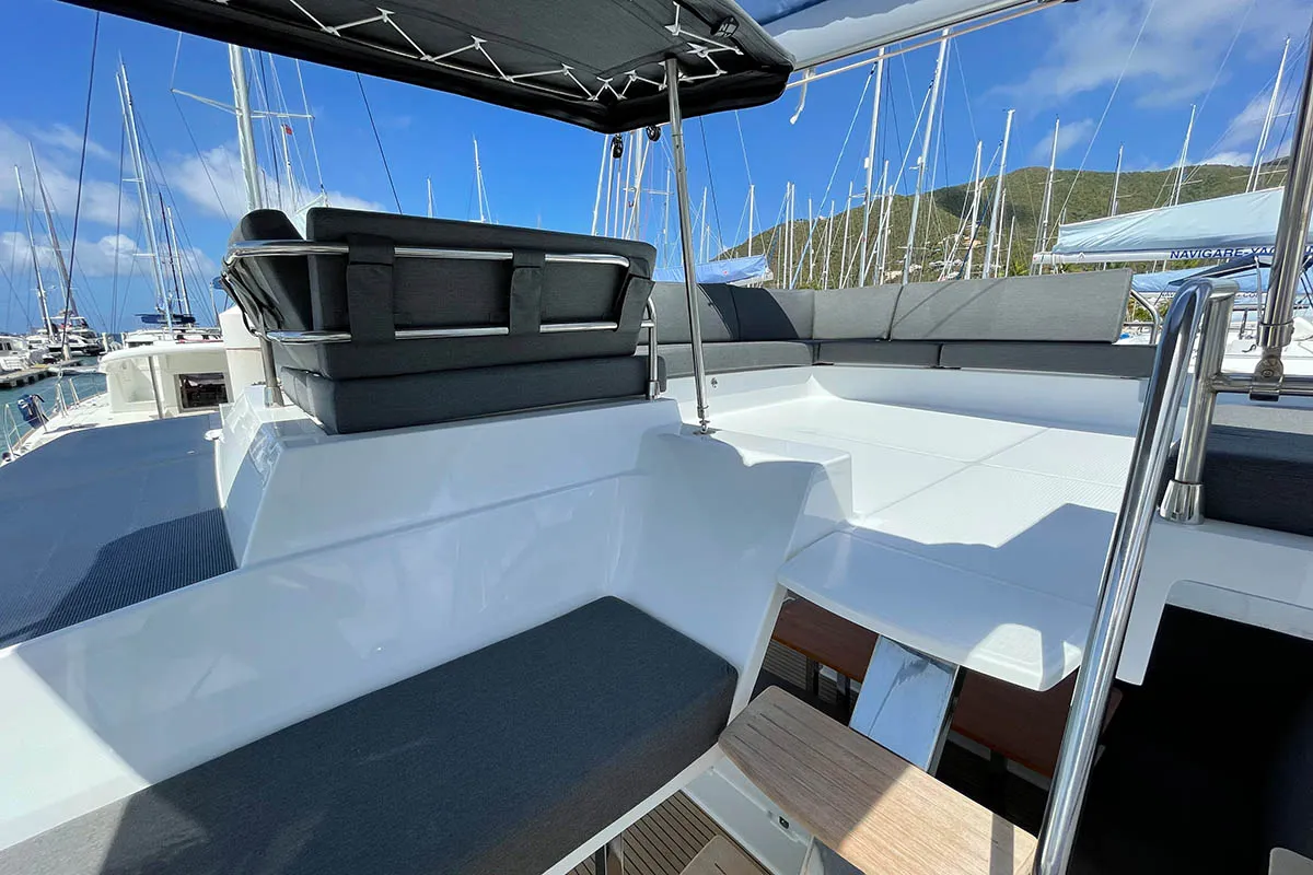 Deck of Knotty Cat (Forever Young), a Fountaine Pajot Tanna 47 catamaran at Road Town, British Virgin Islands
