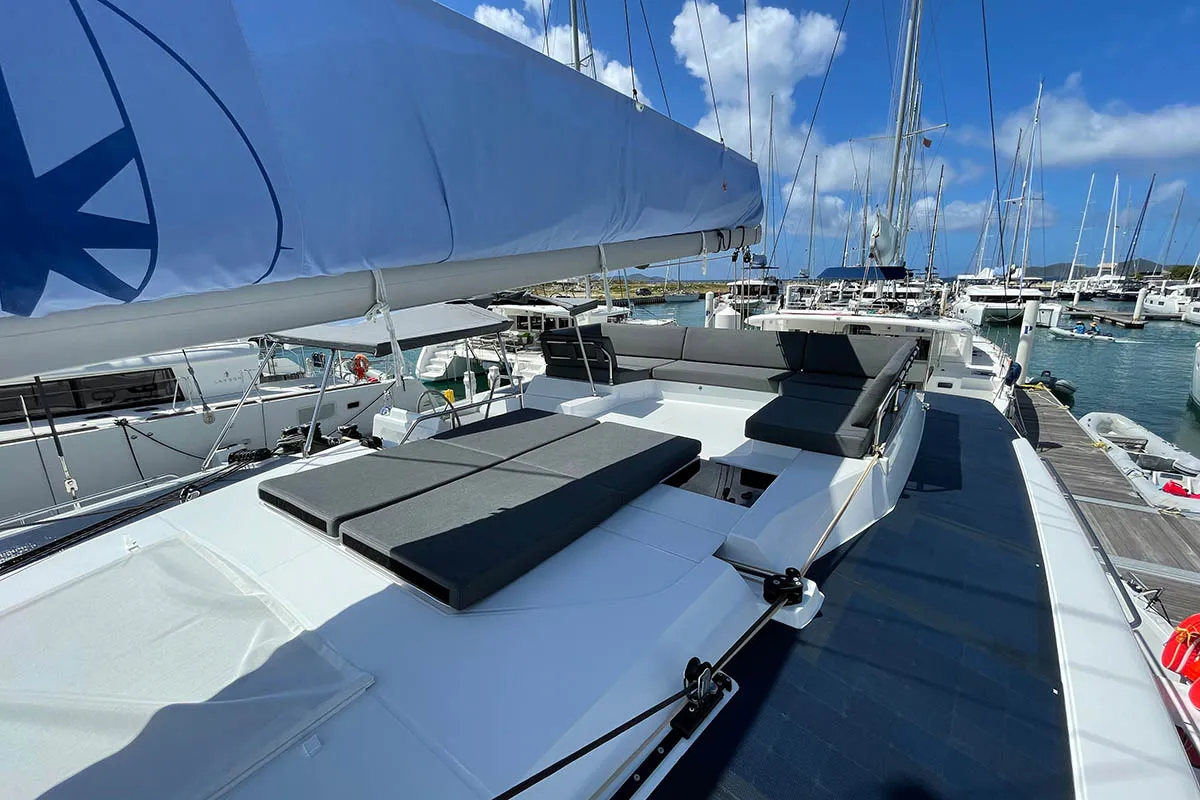 Deck of Knotty Cat (Forever Young), a Fountaine Pajot Tanna 47 catamaran at Road Town, British Virgin Islands