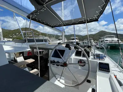 Cockpit of Knotty Cat (Forever Young), a Fountaine Pajot Tanna 47 catamaran at Road Town, British Virgin Islands