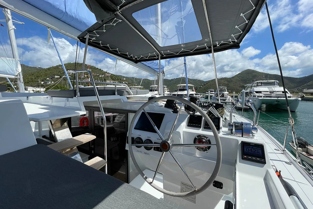 Cockpit of Knotty Cat (Forever Young), a Fountaine Pajot Tanna 47 catamaran at Road Town, British Virgin Islands