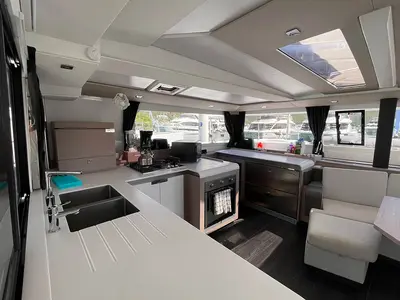 Galley of Knotty Cat (Forever Young), a Fountaine Pajot Tanna 47 catamaran at Road Town, British Virgin Islands