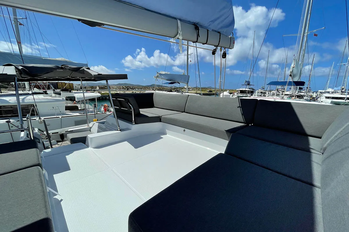 Deck of Knotty Cat (Forever Young), a Fountaine Pajot Tanna 47 catamaran at Road Town, British Virgin Islands