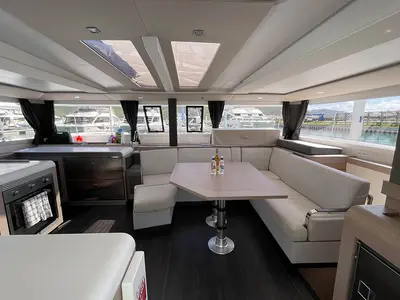 Salon of Knotty Cat (Forever Young), a Fountaine Pajot Tanna 47 catamaran at Road Town, British Virgin Islands