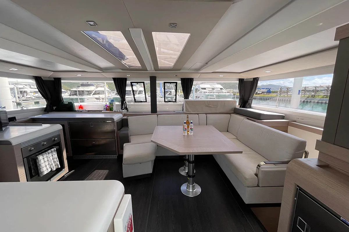 Salon of Knotty Cat (Forever Young), a Fountaine Pajot Tanna 47 catamaran at Road Town, British Virgin Islands