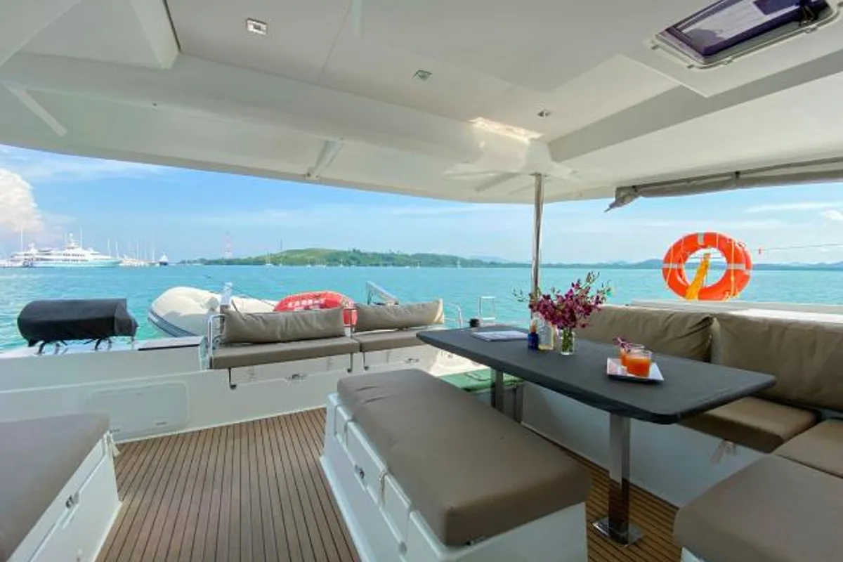 Deck of Lola 2, a Fountaine Pajot Saona 47 catamaran at Mai Khao, Thailand