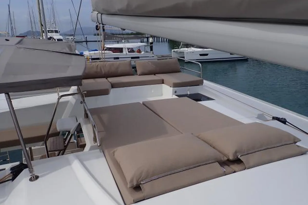 Deck of Lola 2, a Fountaine Pajot Saona 47 catamaran at Mai Khao, Thailand