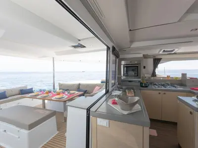 Galley of Lola 2, a Fountaine Pajot Saona 47 catamaran at Mai Khao, Thailand