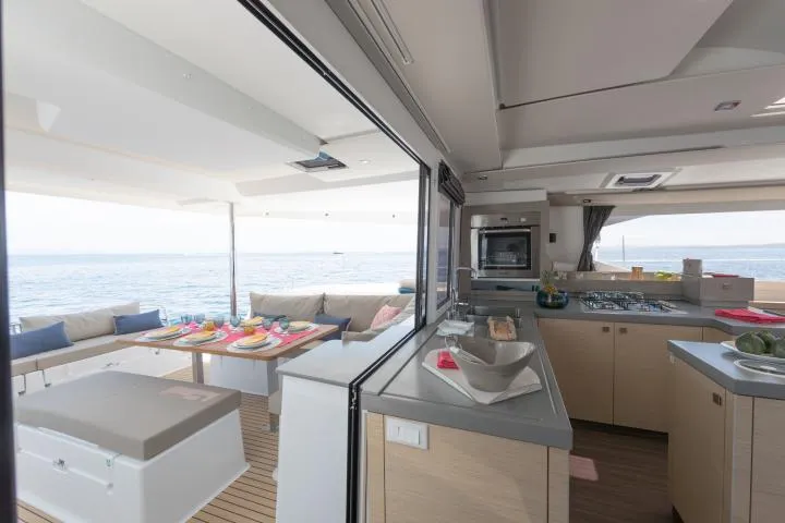 Galley of Lola 2, a Fountaine Pajot Saona 47 catamaran at Mai Khao, Thailand