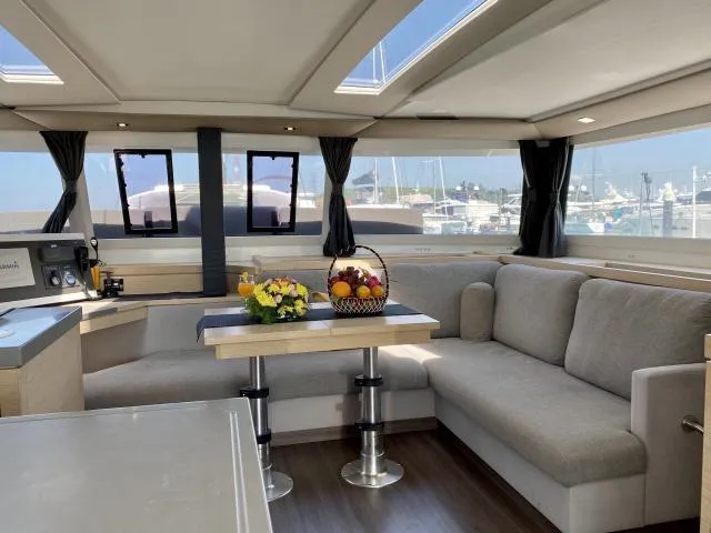 Salon of Lola 2, a Fountaine Pajot Saona 47 catamaran at Mai Khao, Thailand
