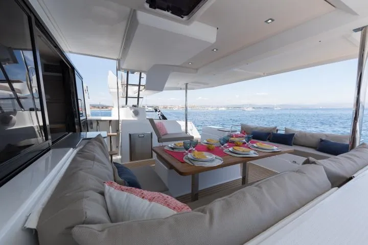 Deck of Lola 2, a Fountaine Pajot Saona 47 catamaran at Mai Khao, Thailand