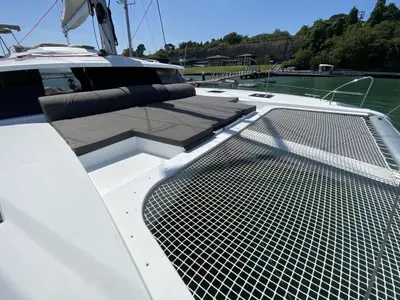 Deck of Lola 2, a Fountaine Pajot Saona 47 catamaran at Mai Khao, Thailand