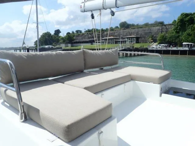 Deck of Lola 2, a Fountaine Pajot Saona 47 catamaran at Mai Khao, Thailand