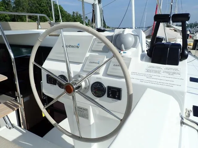 Cockpit of Lola 2, a Fountaine Pajot Saona 47 catamaran at Mai Khao, Thailand