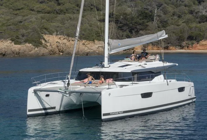 Exterior view of Lola 2, a Fountaine Pajot Saona 47 catamaran at Mai Khao, Thailand