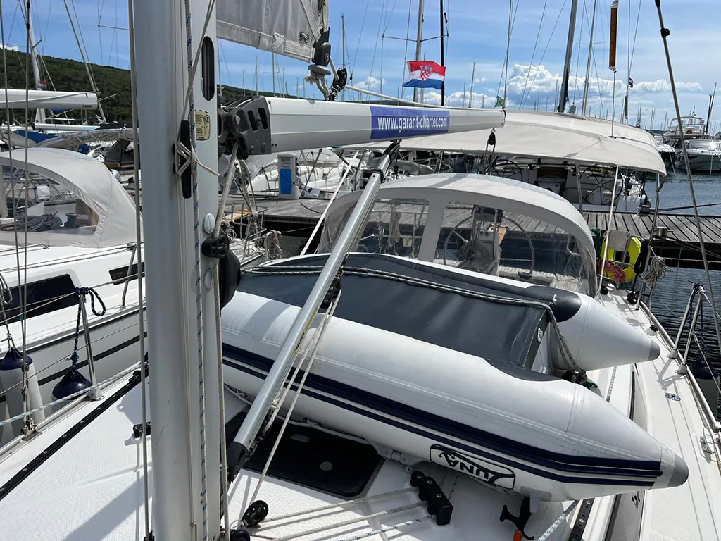 Deck of Pulenat, a Bavaria Cruiser 33 sailboat at Punat, Croatia
