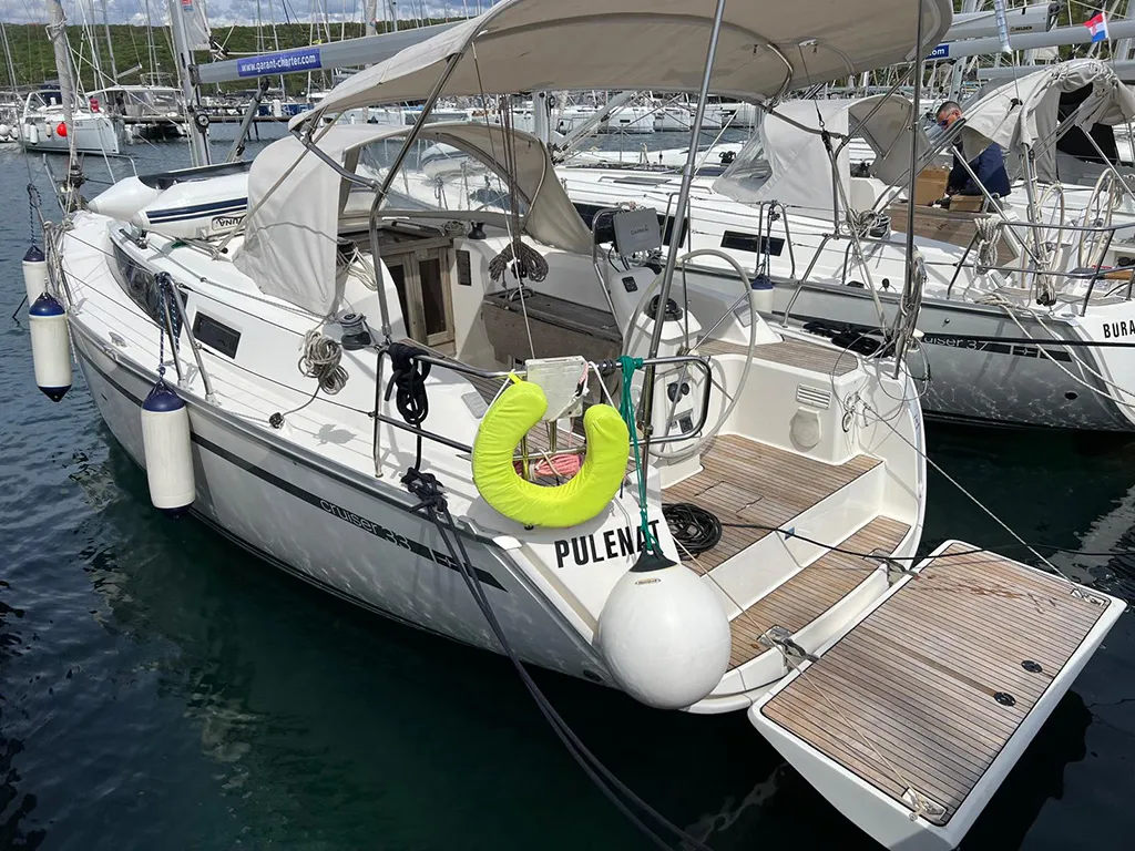 Exterior view of Pulenat, a Bavaria Cruiser 33 sailboat at Punat, Croatia