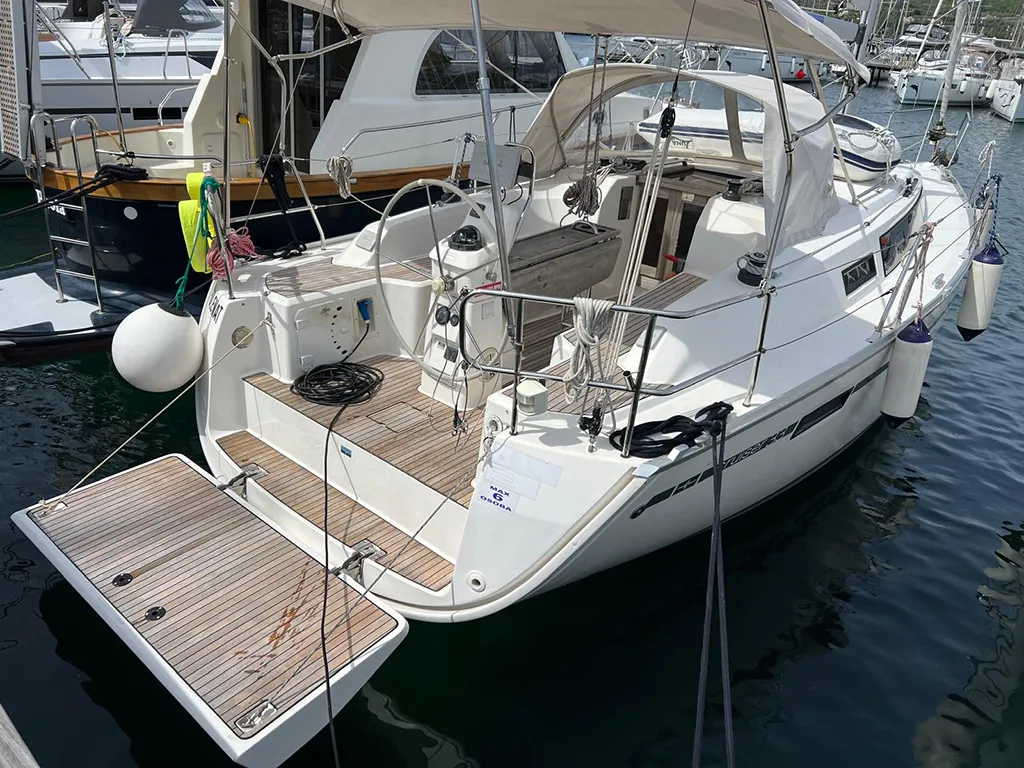 Exterior view of Pulenat, a Bavaria Cruiser 33 sailboat at Punat, Croatia