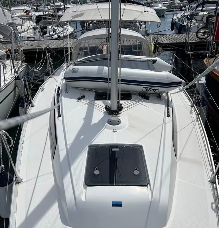 Deck of Pulenat, a Bavaria Cruiser 33 sailboat at Punat, Croatia