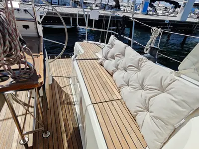 Deck of Pulenat, a Bavaria Cruiser 33 sailboat at Punat, Croatia
