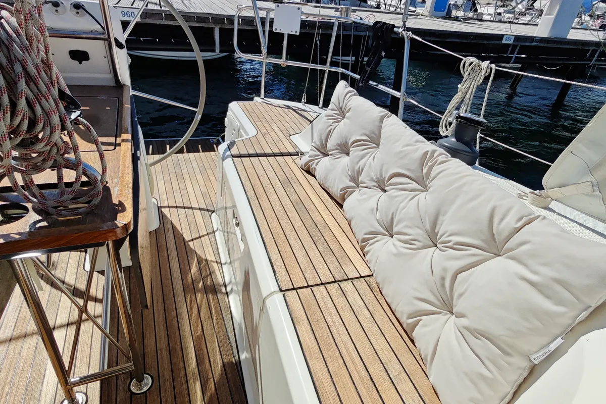 Deck of Pulenat, a Bavaria Cruiser 33 sailboat at Punat, Croatia