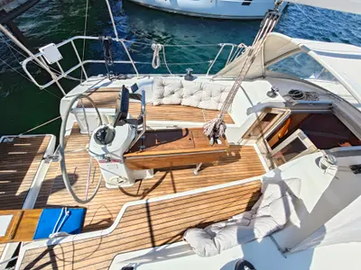 Cockpit of Pulenat, a Bavaria Cruiser 33 sailboat at Punat, Croatia