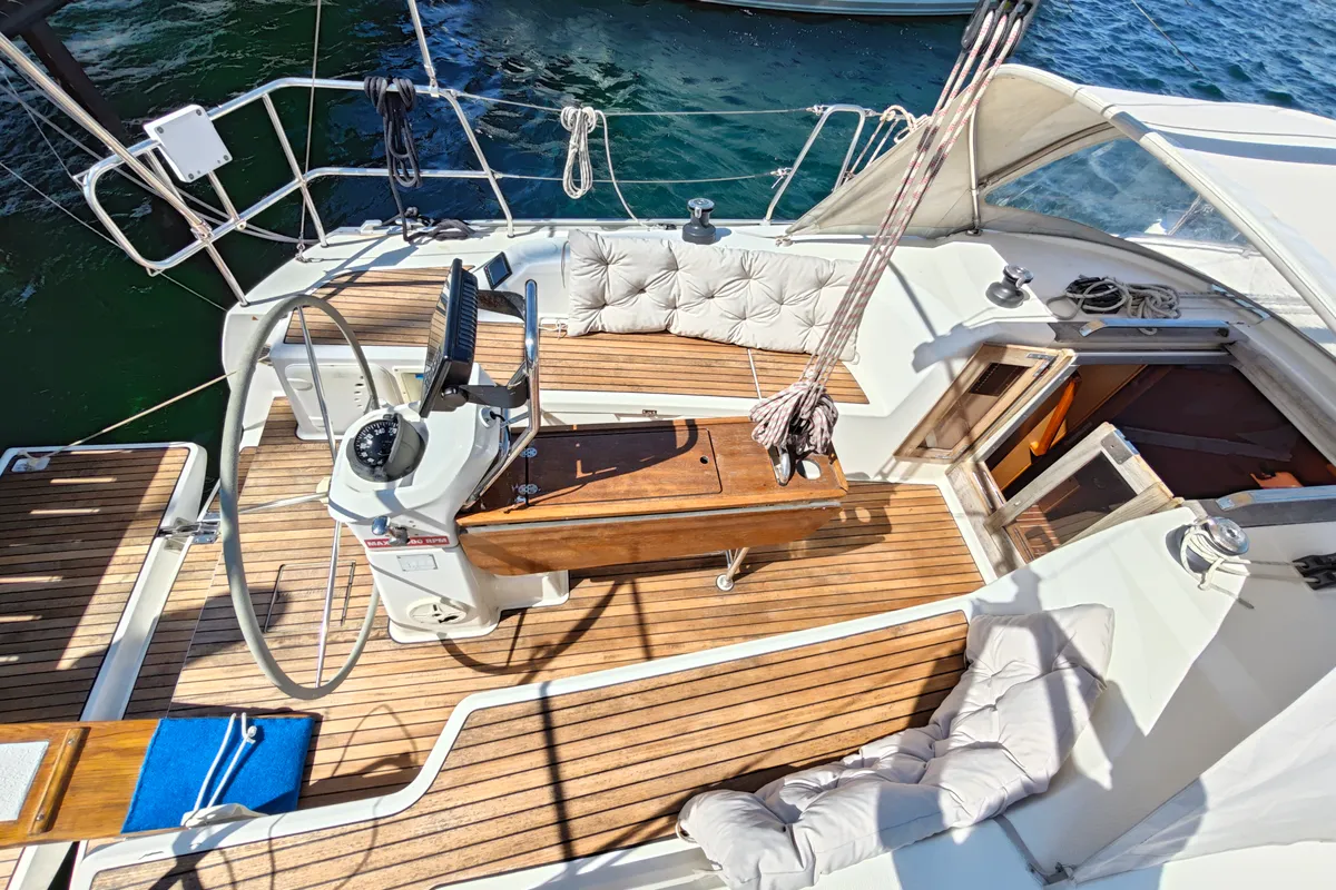 Cockpit of Pulenat, a Bavaria Cruiser 33 sailboat at Punat, Croatia