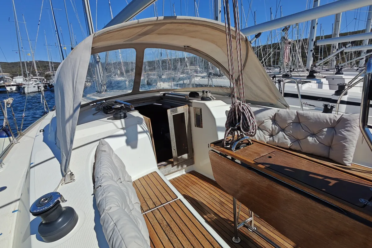 Cockpit of Pulenat, a Bavaria Cruiser 33 sailboat at Punat, Croatia