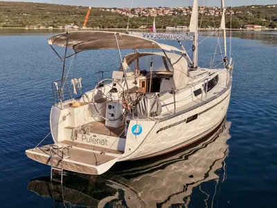 Deck of Pulenat, a Bavaria Cruiser 33 sailboat at Punat, Croatia