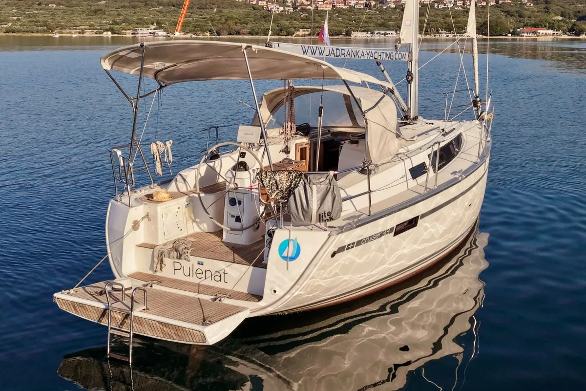 Deck of Pulenat, a Bavaria Cruiser 33 sailboat at Punat, Croatia