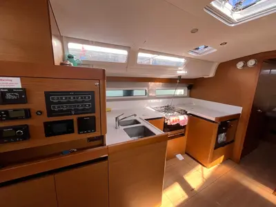 Galley of Agatha, a Jeanneau Sun Odyssey 490 sailboat at Cannigione, Italy