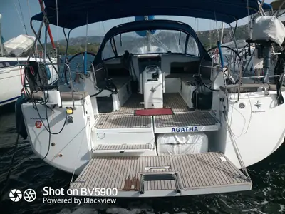 Deck of Agatha, a Jeanneau Sun Odyssey 490 sailboat at Cannigione, Italy