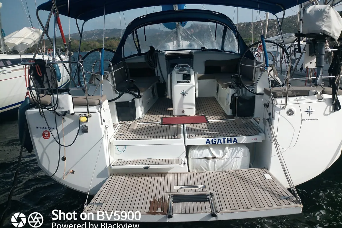Deck of Agatha, a Jeanneau Sun Odyssey 490 sailboat at Cannigione, Italy