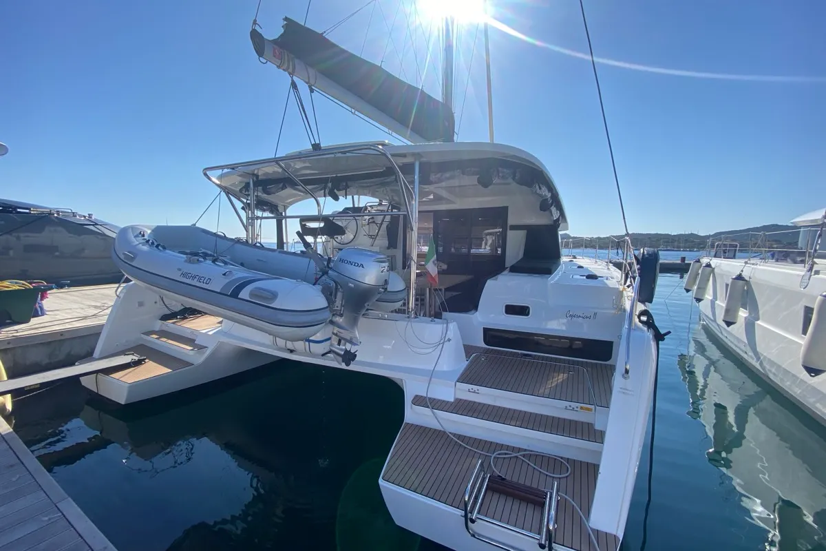 Exterior view of Copernicus II, a Lagoon 42 catamaran at Olbia, Italy