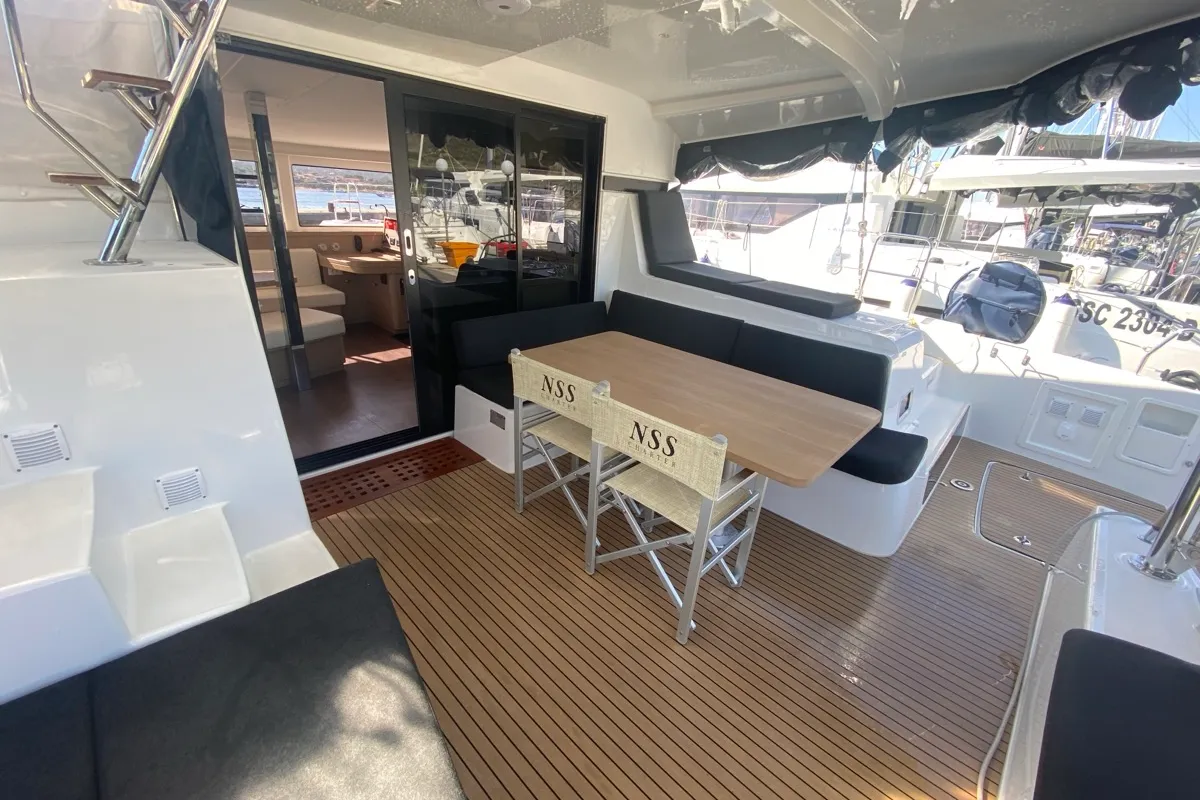 Deck of Copernicus II, a Lagoon 42 catamaran at Olbia, Italy