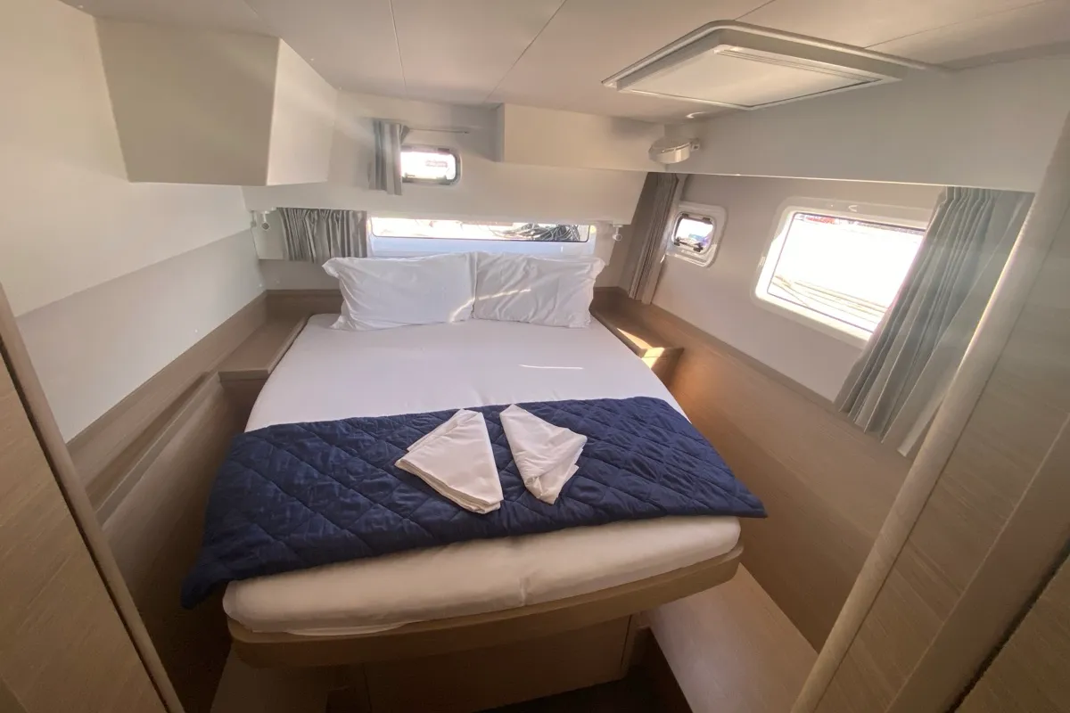 Cabin on Copernicus II, a Lagoon 42 catamaran at Olbia, Italy